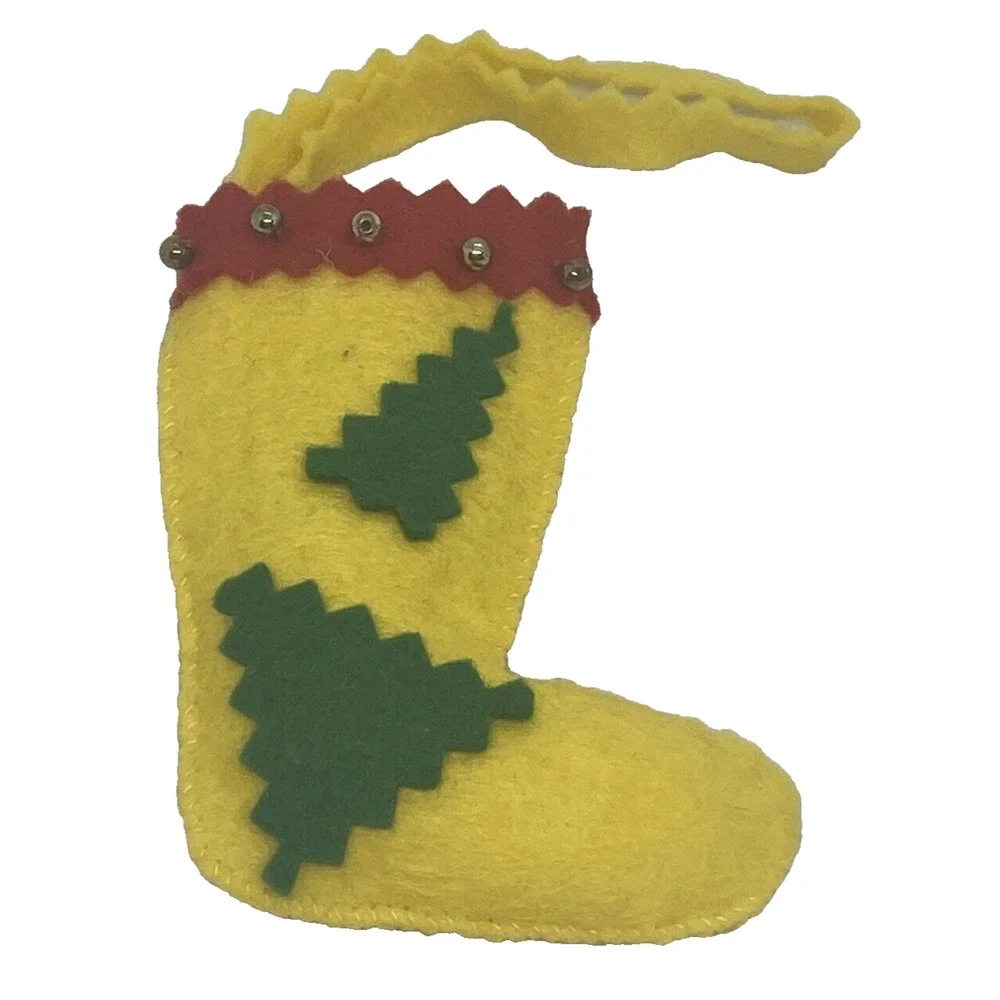 Vintage Christmas Stocking 3 1/2” Felt Yellow Red Green Beads Tree Holiday Gift